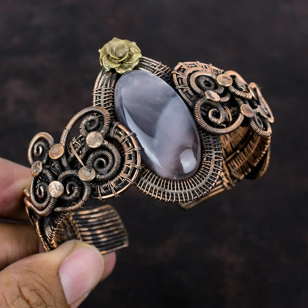 Botswana Agate Oval Gray Handmade Copper Wire Wrapped Bangle