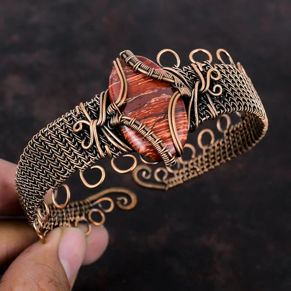 Red Snakeskin Jasper Oval Red Handmade Copper Wire Wrapped Bangle