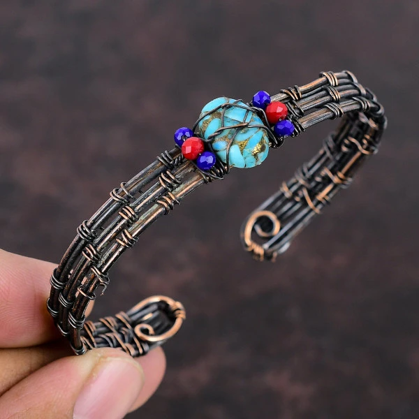 Copper Blue Turquoise Oval Blue Handmade Copper Wire Wrapped Bangle