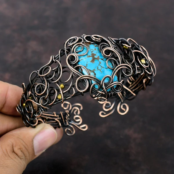 Tibetan Turquoise Oval Blue Handmade Copper Wire Wrapped Bangle