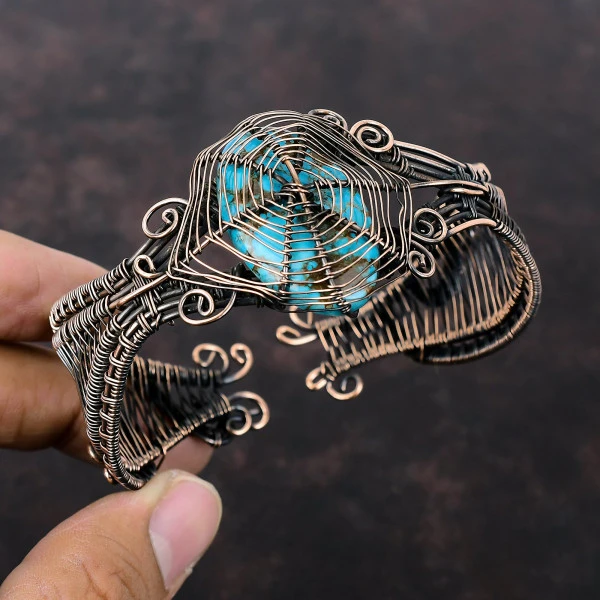 Tibetan Turquoise Oval Blue Handmade Copper Wire Wrapped Bangle
