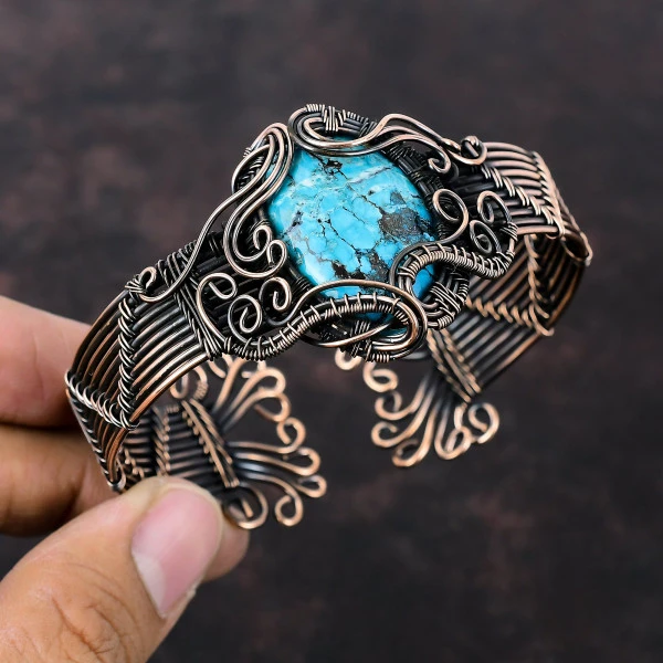 Tibetan Turquoise Oval Blue Handmade Copper Wire Wrapped Bangle