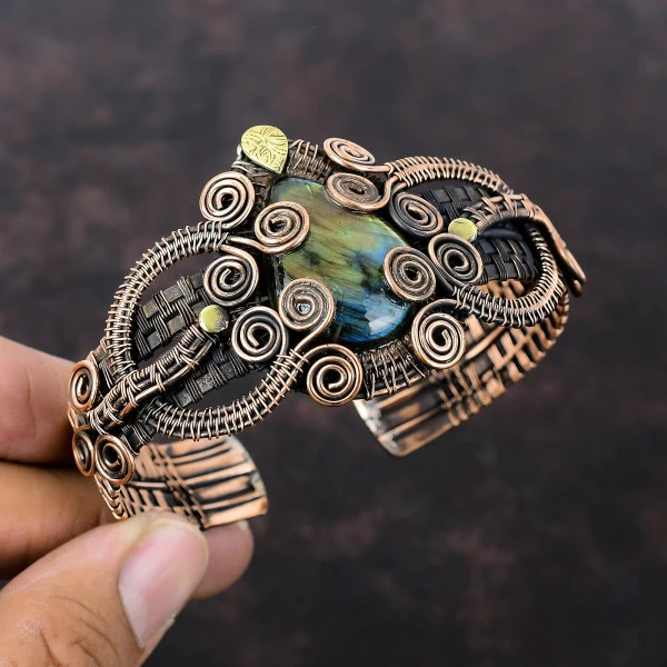 Labradorite Pear Gray Handmade Copper Wire Wrapped Bangle