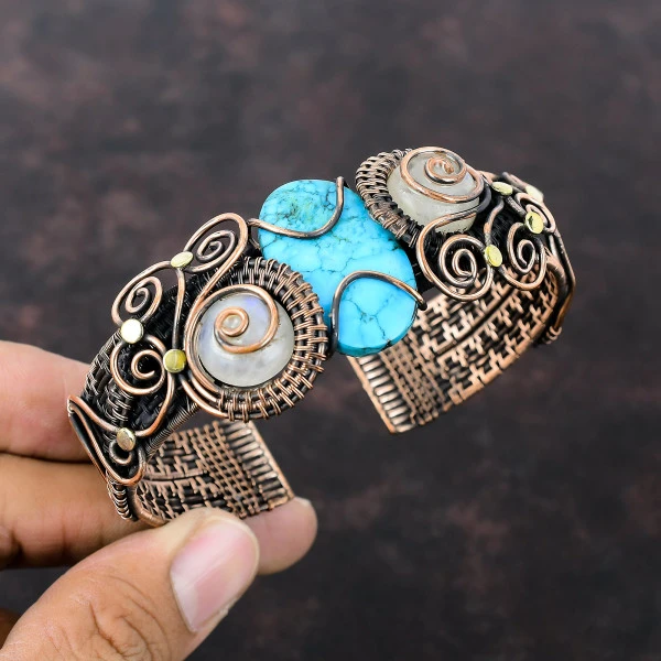Tibetan Turquoise Oval Blue Handmade Copper Wire Wrapped Bangle