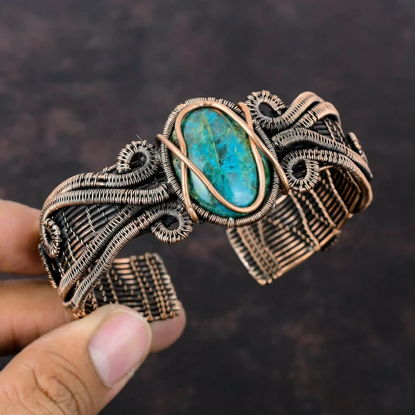 Chrysocolla Oval Green Handmade Copper Wire Wrapped Bangle