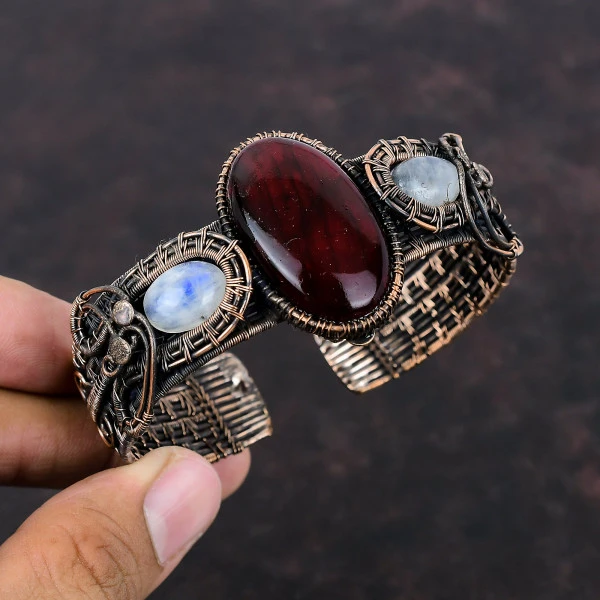 Red Fire Labradorite Oval Red Handmade Copper Wire Wrapped Bangle
