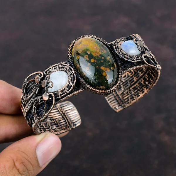 Ocean Jasper Oval Green Handmade Copper Wire Wrapped Bangle