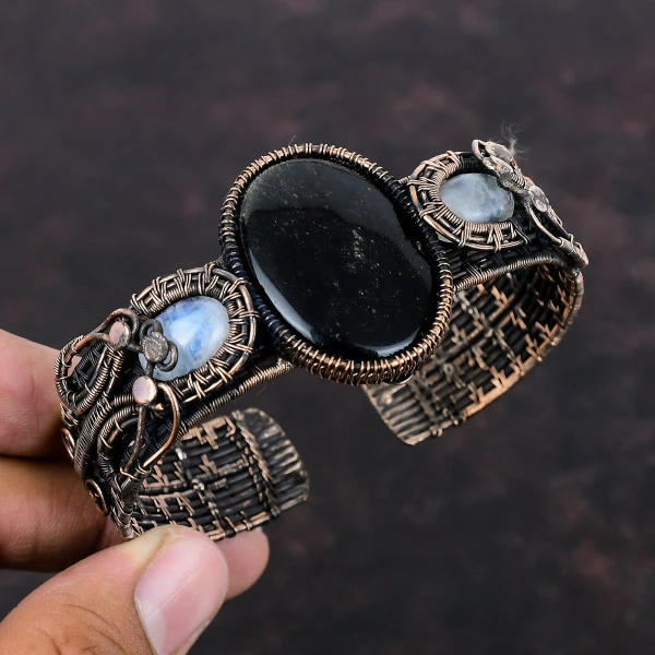 Silver Sheen Obsidian Oval Black Handmade Copper Wire Wrapped Bangle