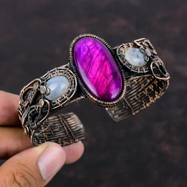 Purple Fire Labradorite Oval Purple Handmade Copper Wire Wrapped Bangle