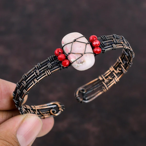 Pink Opal Radiant Pink Handmade Copper Wire Wrapped Bangle