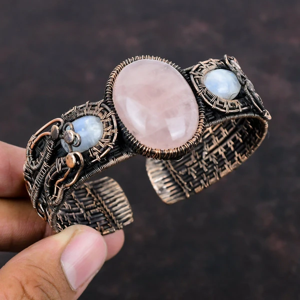 Rose Quartz Oval Pink Handmade Copper Wire Wrapped Bangle