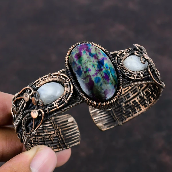 Multi Fire Labradorite Oval Pink Handmade Copper Wire Wrapped Bangle