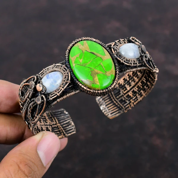 Copper Green Turquoise Oval Green Handmade Copper Wire Wrapped Bangle