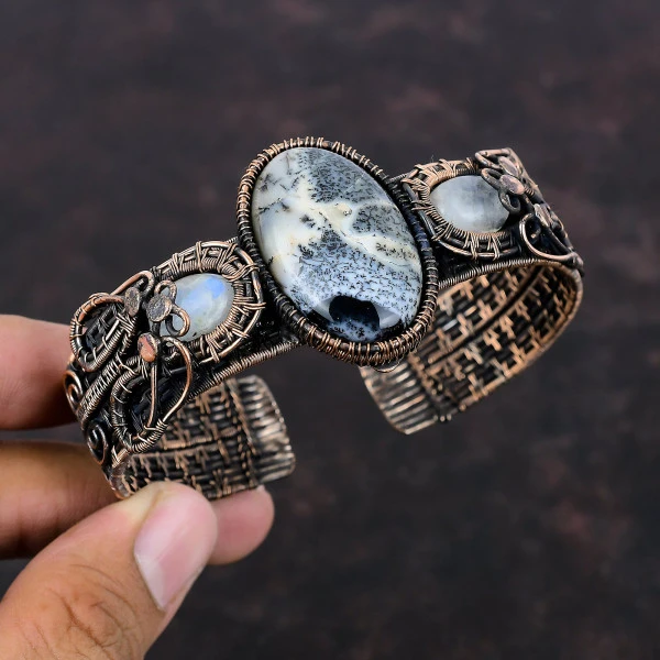 Dendrite Opal Oval Black Handmade Copper Wire Wrapped Bangle