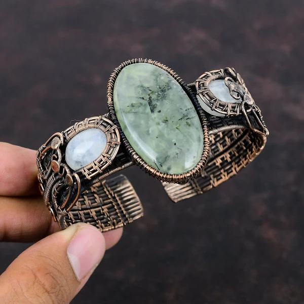 Moss Prehnite Oval Green Handmade Copper Wire Wrapped Bangle