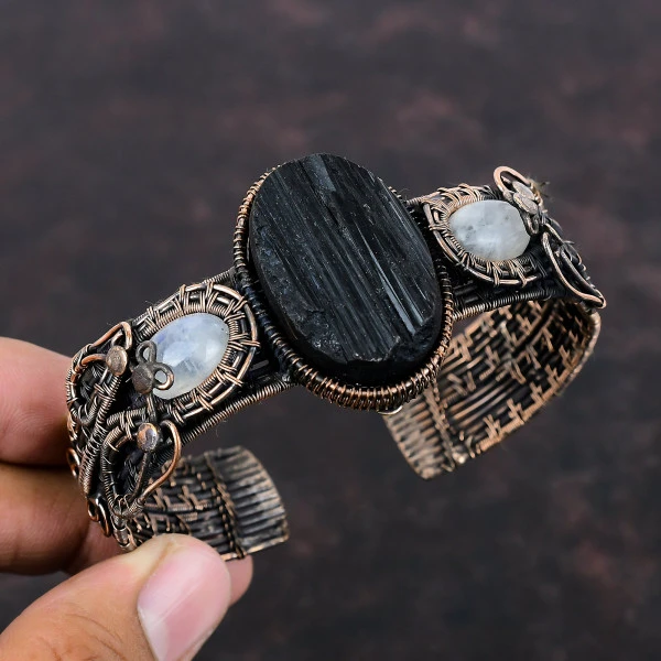 Black Tourmaline Rough Oval Black Handmade Copper Wire Wrapped Bangle