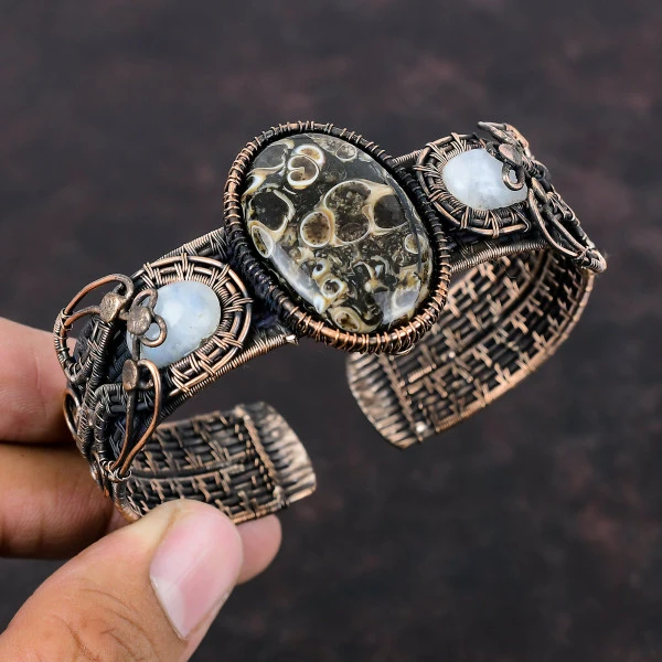 Turritella Agate Oval Brown Handmade Copper Wire Wrapped Bangle