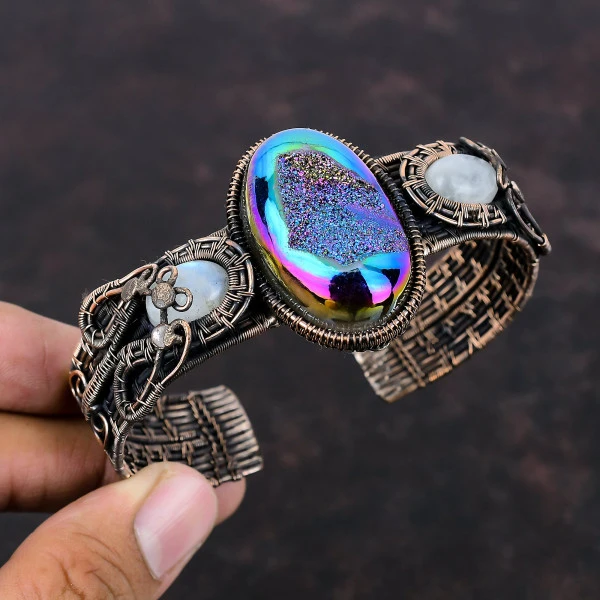 Titanium Druzy Oval Blue Handmade Copper Wire Wrapped Bangle