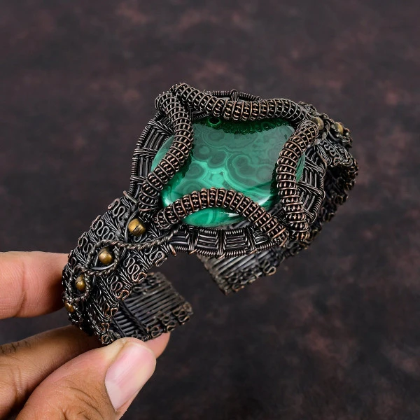 Malachite Oval Green Handmade Copper Wire Wrapped Bangle