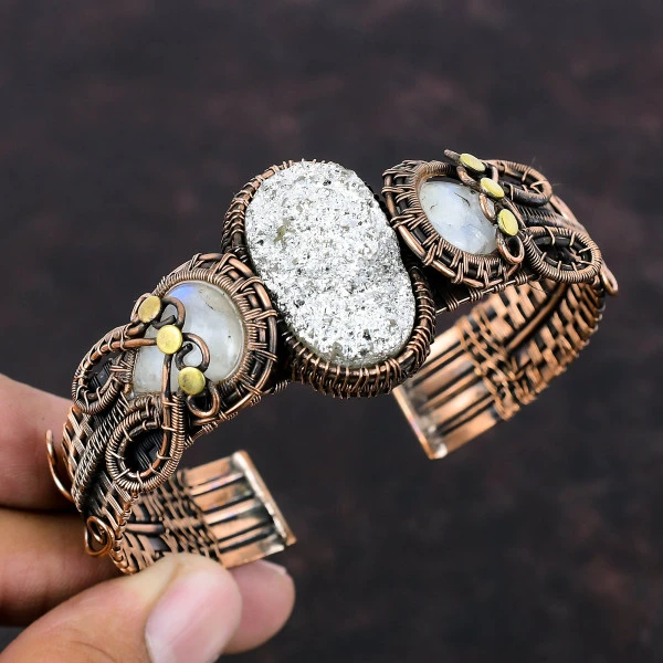 Silver Druzy Oval Silver Handmade Copper Wire Wrapped Bangle