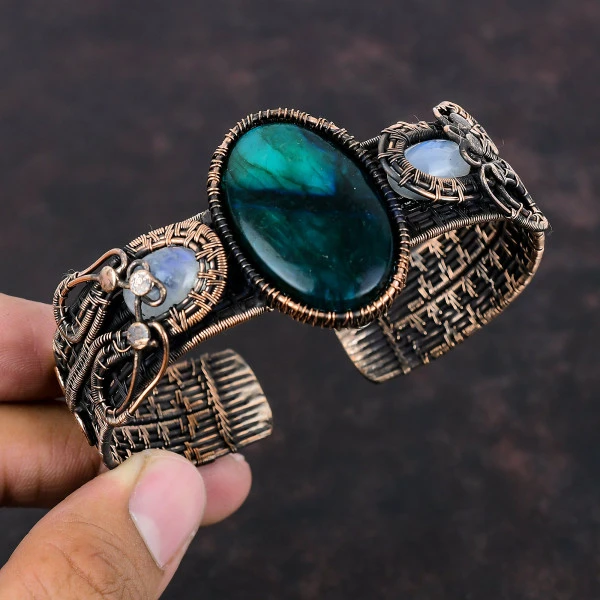 Neon Flash Labradorite Oval Blue Handmade Copper Wire Wrapped Bangle