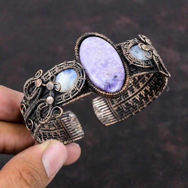 Lepidolite Oval Purple Handmade Copper Wire Wrapped Bangle