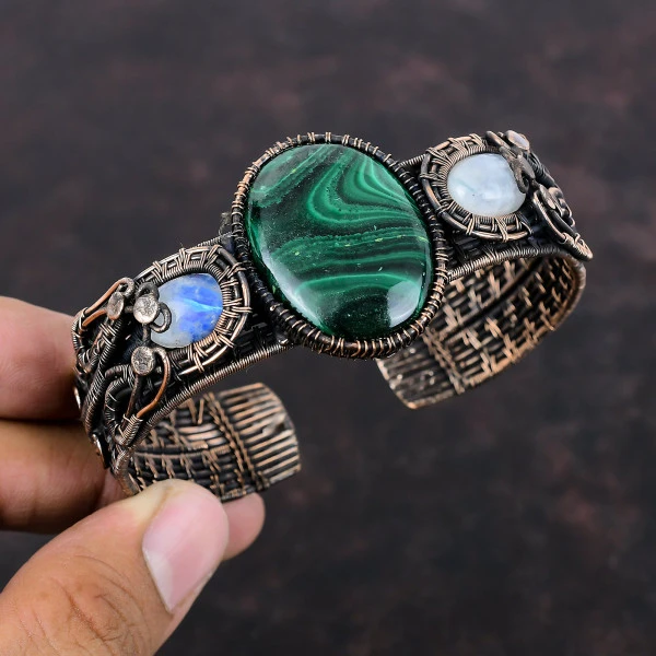 Malachite Oval Green Handmade Copper Wire Wrapped Bangle