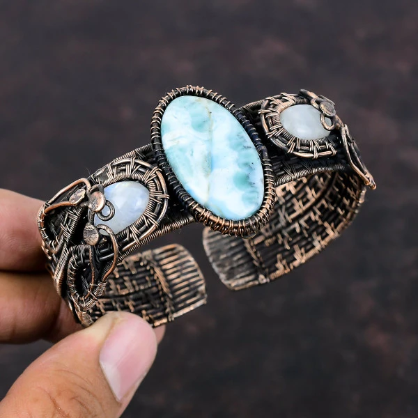 Larimar Oval Blue Handmade Copper Wire Wrapped Bangle