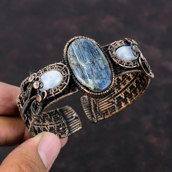 Kyanite Oval Blue Handmade Copper Wire Wrapped Bangle