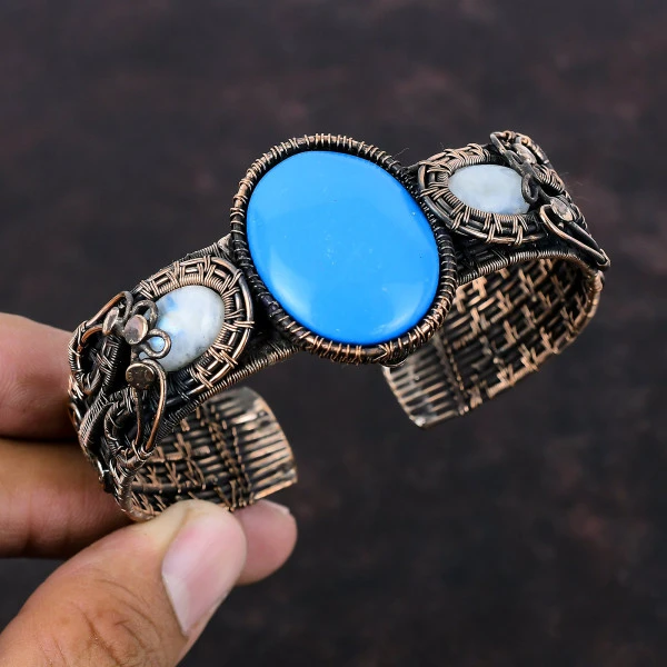 Sleeping Beauty Turquoise Oval Blue Handmade Copper Wire Wrapped Bangle
