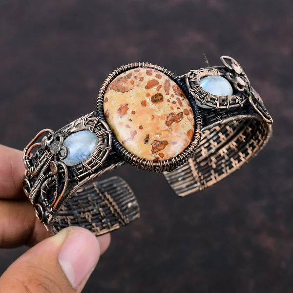 Asteroid Jasper Oval Red Handmade Copper Wire Wrapped Bangle