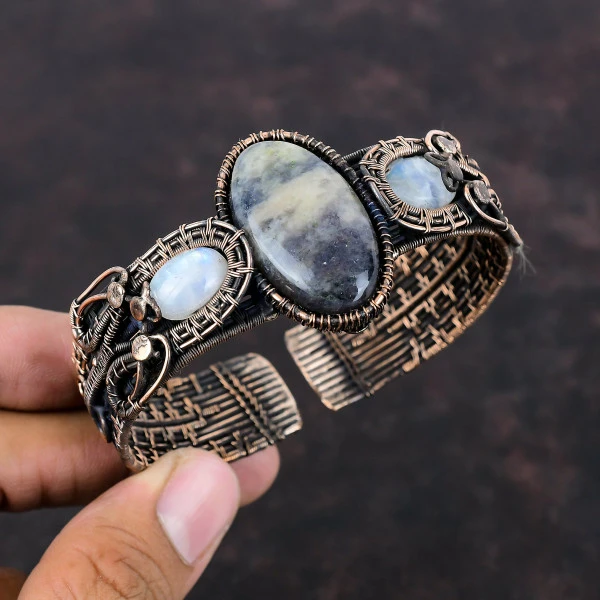 Iolite Sunstone Oval Blue Handmade Copper Wire Wrapped Bangle