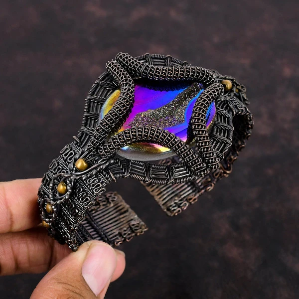 Titanium Druzy Oval Purple Handmade Copper Wire Wrapped Bangle