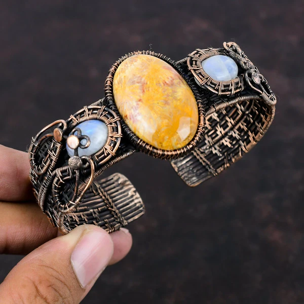 Fossil Coral Oval Yellow Handmade Copper Wire Wrapped Bangle