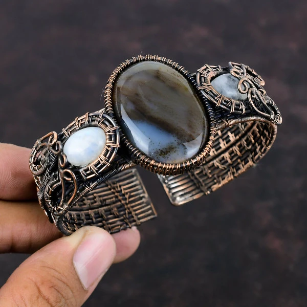 Dendritic Agate Oval Brown Handmade Copper Wire Wrapped Bangle