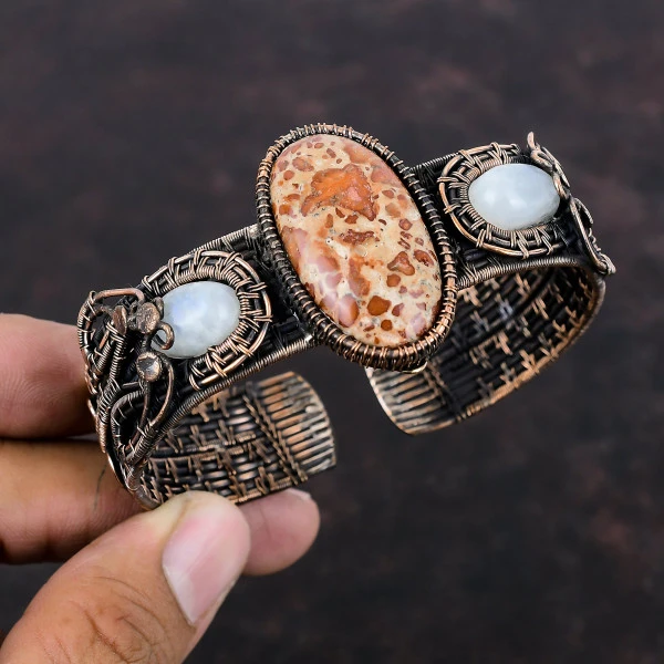 Asteroid Jasper Oval Red Handmade Copper Wire Wrapped Bangle