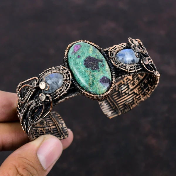 Ruby Fuchsite Oval Green Handmade Copper Wire Wrapped Bangle