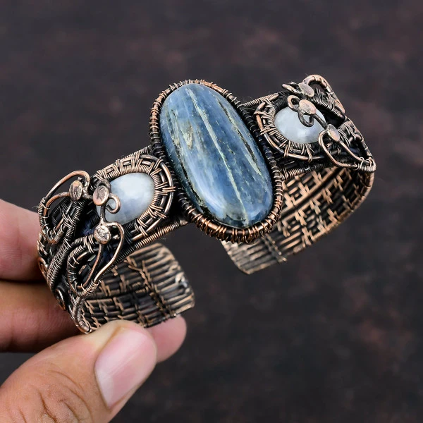 Kyanite Oval Blue Handmade Copper Wire Wrapped Bangle