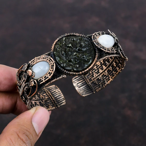 Moldavite Round Green Handmade Copper Wire Wrapped Bangle