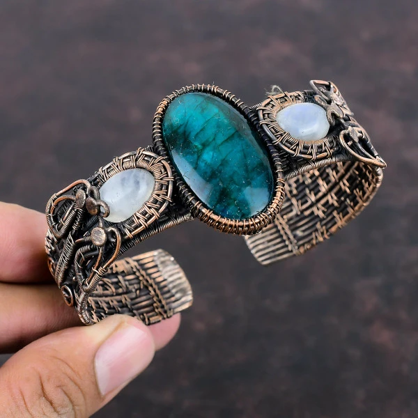 Neon Flash Labradorite Oval Blue Handmade Copper Wire Wrapped Bangle