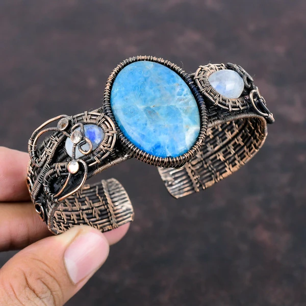 Neon Apatite Oval Blue Handmade Copper Wire Wrapped Bangle