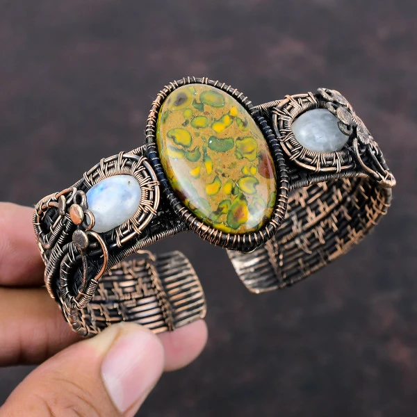 Fruit Jasper Oval Yellow Handmade Copper Wire Wrapped Bangle