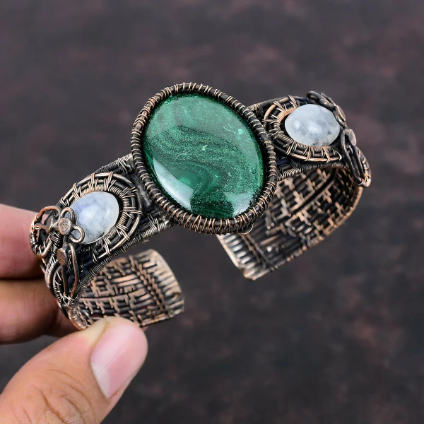 Malachite Oval Green Handmade Copper Wire Wrapped Bangle