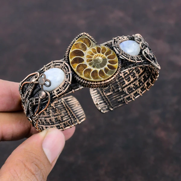 Ammonite Fossil Pear Brown Handmade Copper Wire Wrapped Bangle