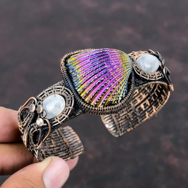 Titanium Coated Shell Pear Pink Handmade Copper Wire Wrapped Bangle