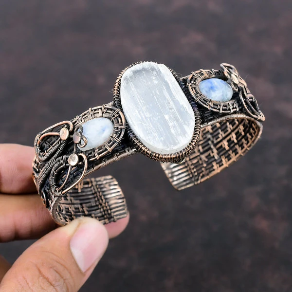 Selenite Druzy Oval White Handmade Copper Wire Wrapped Bangle