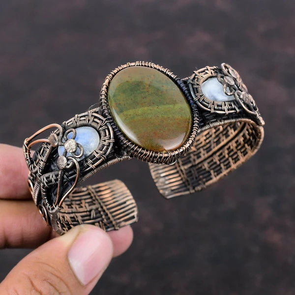 Bloodstone Oval Green Handmade Copper Wire Wrapped Bangle