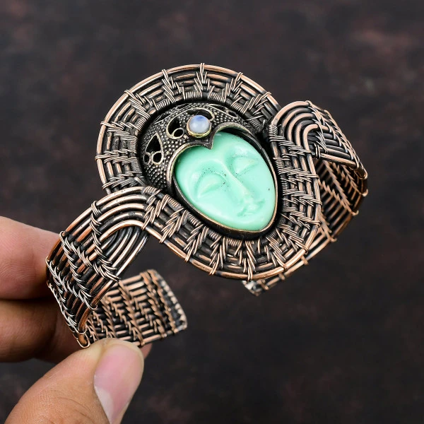 Green Carved Bone Face Oval Green Handmade Copper Wire Wrapped Bangle