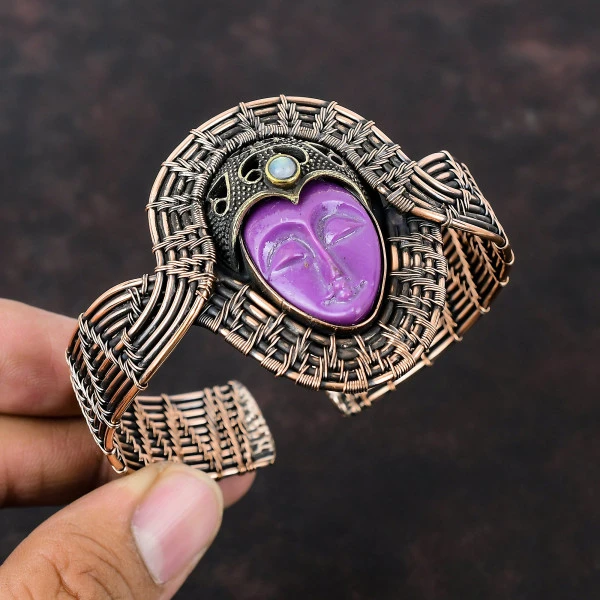 Purple Carved Bone Face Oval Purple Handmade Copper Wire Wrapped Bangle