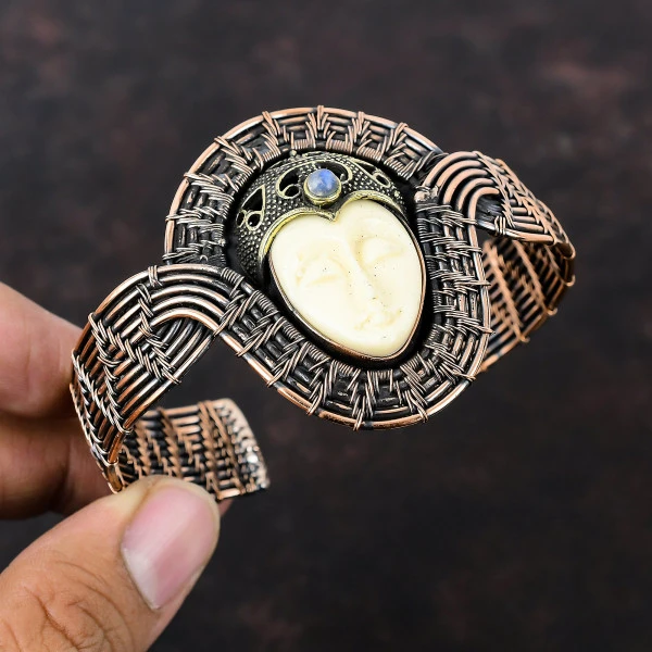 White Carved Bone Face Oval White Handmade Copper Wire Wrapped Bangle